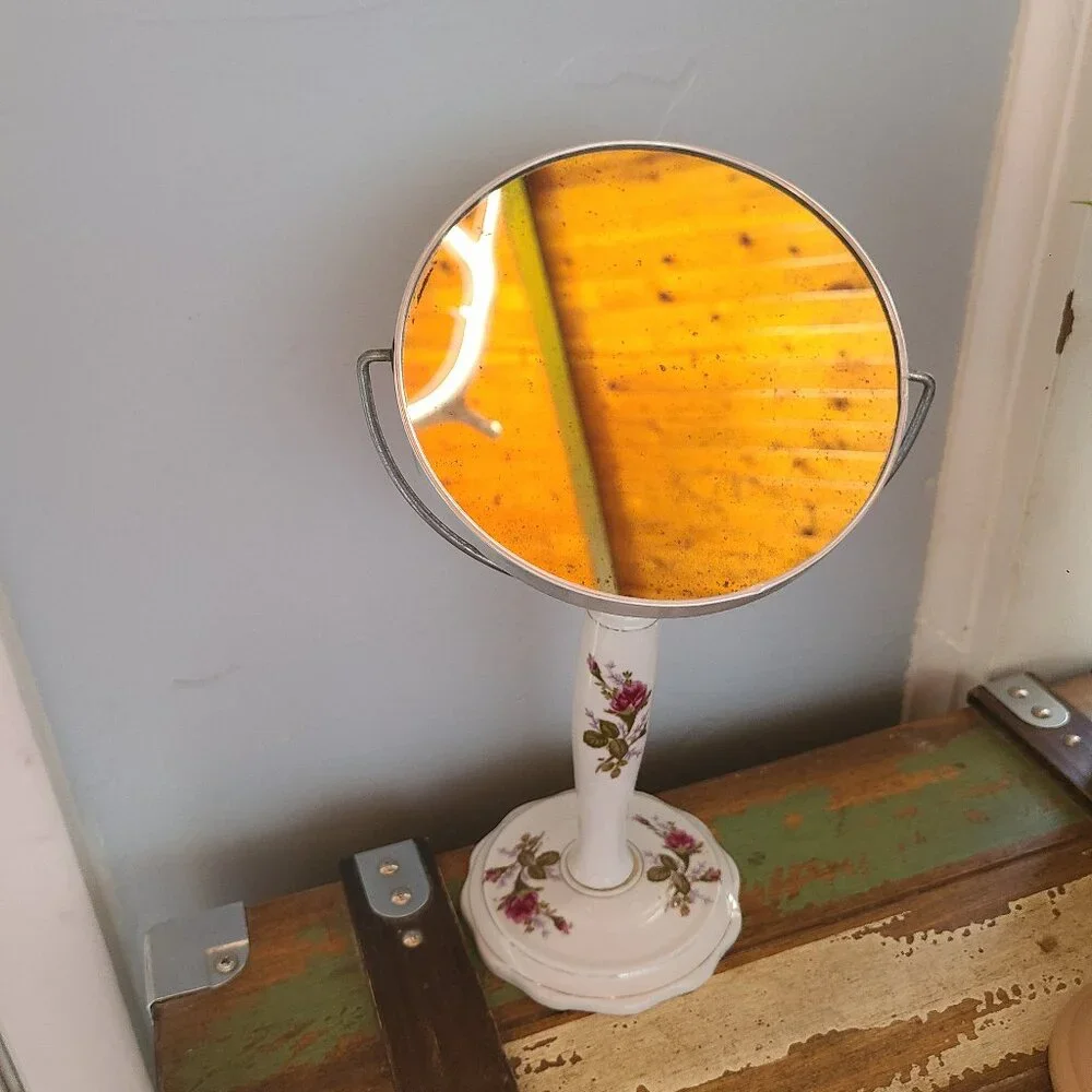 Vintage Standing White Floral Porcelain Vanity Swivel Mirror Made in Japan